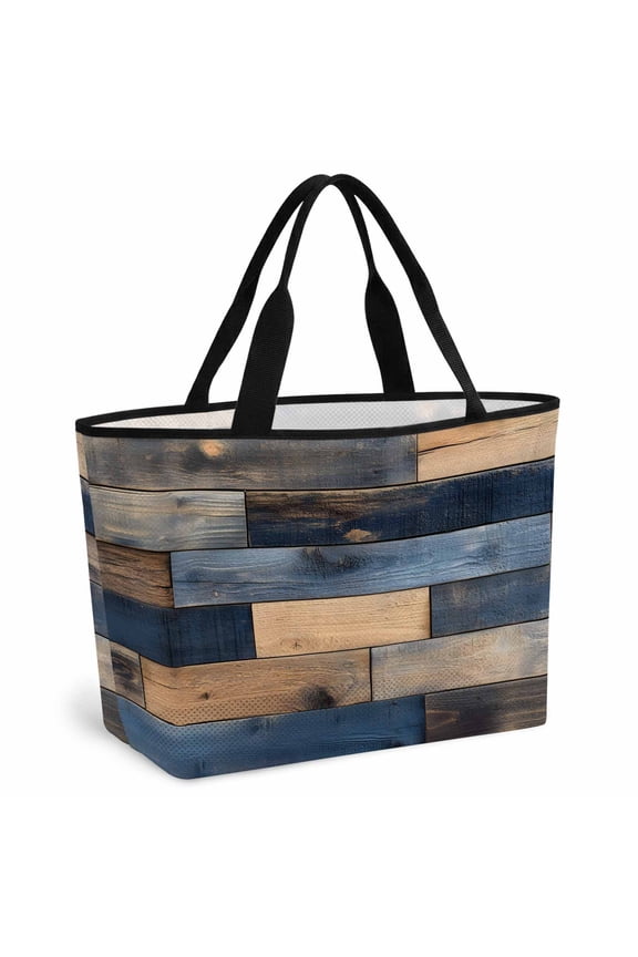 Navy Blue Brown Wood Beach Bag for Women, Large Breathable Mesh Beach Tote Bag, Farmhouse Vintage Wooden Sandproof Lightweight Travel Bags for Vacation Picnic Swimming Pool 15.7"x15.7"x9.1"