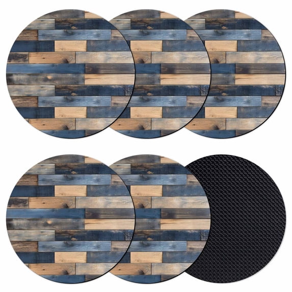 Navy Blue Brown Wood Coasters Set of 6, Farmhouse Vintage Wooden Absorbent Coasters for Drinks, Coaster for Bar Office Dining Coffee Table Accessories Decor, Non Slip Round Desk Coaster