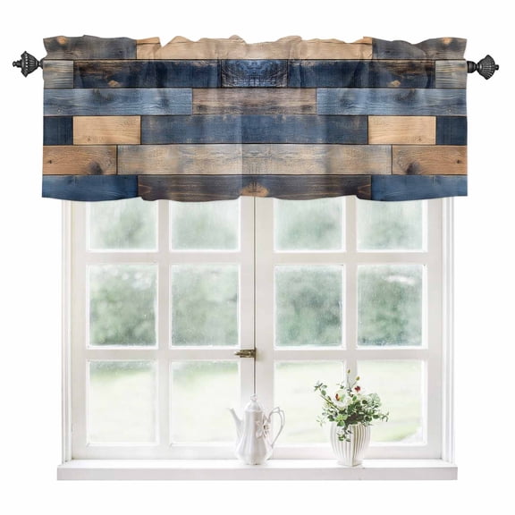 Navy Blue Brown Wood Kitchen Valances for Windows 42x12 Inch Kitchen Curtains Valances Rod Pocket Farmhouse Vintage Wooden Bathroom Window Valances for Window Treatment Decor