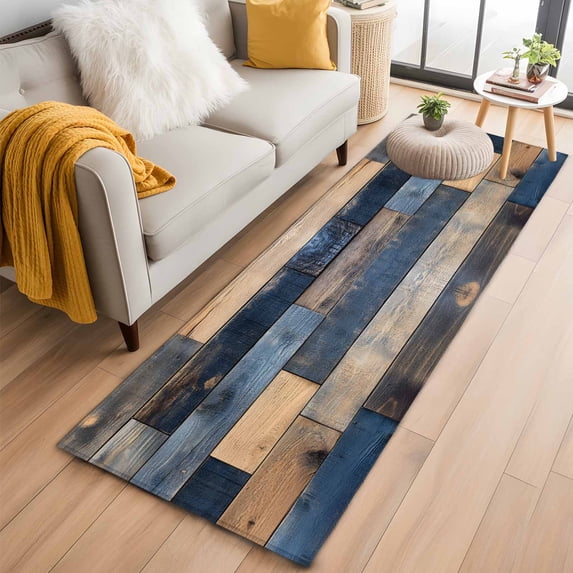 Navy Blue Brown Wood Runner Rug 2x6 FT, Non Slip Hallway Rugs, Farmhouse Vintage Wooden Washable Soft Floor Carpet Non-Shedding Throw Runner Carpet Long Rug for Entryway Kitchen Bedside Sliding Door