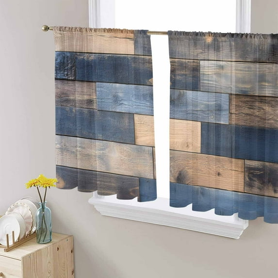 Navy Blue Brown Wood Sheer Curtains 45 Inch Length 2 Panels Set for Living Room/Bedroom, Farmhouse Vintage Wooden Semi Curtain Sheers Drapes Rod Pocket Curtains Window Treatment Set 52''x45''x2
