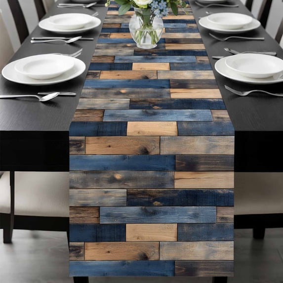 Navy Blue Brown Wood Table Runner 72 Inches Long, Farmhouse Vintage Wooden Kitchen Coffee Dining Table Decoration for Home Party Birthday Wedding Home Decor 18x72 Inches