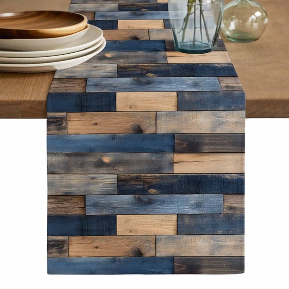 Navy Blue Brown Wood Table Runner, Farmhouse Vintage Wooden Washable Cotton Linen Table Runners 36 Inches Long, Dresser Scarf Runner for Nightstand/End Tables/Round Tables 13''x36''