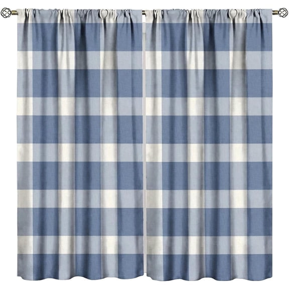 Navy Blue Buffalo Check Plaid Curtains, Rustic Farmhouse Print for Room Window Decor, Rod Pocket Drapes for Living Room Bedroom Kitchen-42"W x 96"L (Pack of 2)