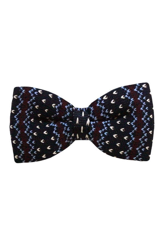 Navy Blue, Burgundy Striped w/ Designs Men's Knit Pre-Tied Bow Tie