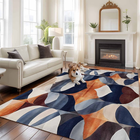 Navy Blue Burnt Orange Area Rug 5x7 FT, Non Slip Bedroom Throw Carpet, Retro Geometric Abstract Washable Soft Floor Carpet Non-Shedding Rug for Dining Room Bedside Classroom Desk