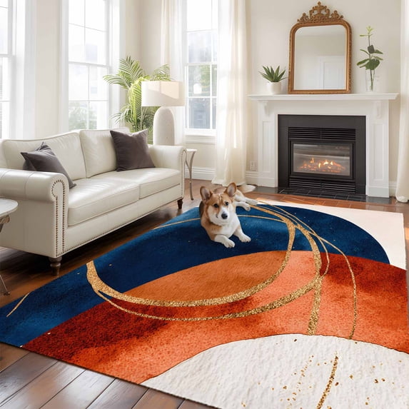 Navy Blue Burnt Orange Area Rug 5x8 FT, Non Slip Bedroom Throw Carpet, Boho Art Modern Geometric Washable Soft Floor Carpet Non-Shedding Rug for Living Room Nursery Dorm Office