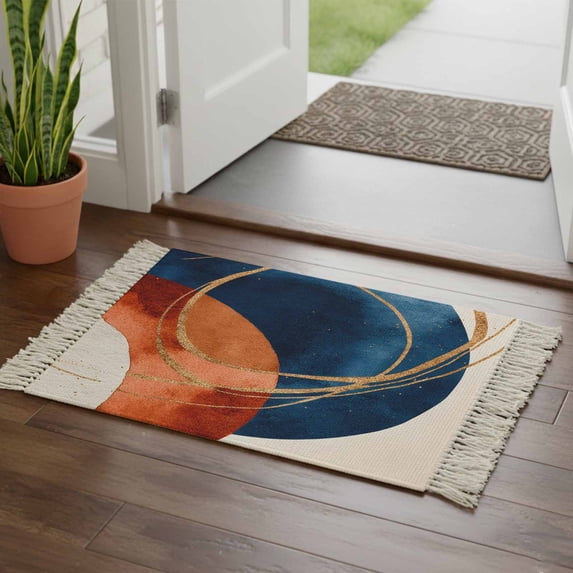 Navy Blue Burnt Orange Bathroom Rug 2'x3', Boho Art Modern Geometric Low Profile Front Entryway Rug with Tassels, Woven Cotton Washable Kitchen Mat Carpet for Foyer Bedroom Back Door Decor