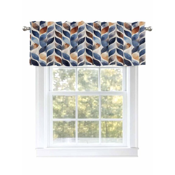 Navy Blue Burnt Orange Botanical Curtain Valances for Windows, Abstract Palm Leaf Kitchen Valance Window Treatment, Light Filtering Block Curtains for Bathroom/Bedroom/Living Room 54'' x 18''