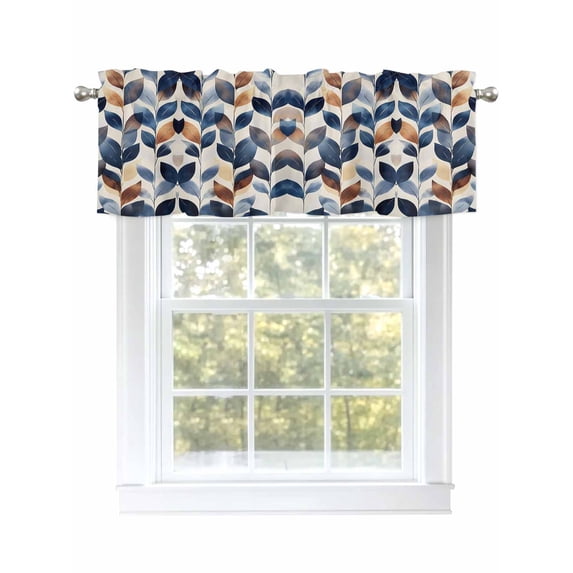 Navy Blue Burnt Orange Botanical Curtain Valances for Windows, Wildflower Palm Leaf Kitchen Valance Window Treatment, Light Filtering Block Curtains for Bathroom/Bedroom/Living Room 42'' x 18''