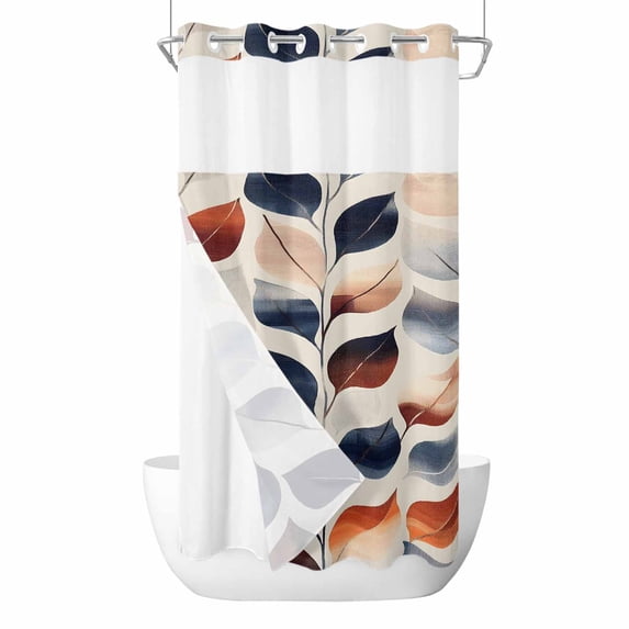 Navy Blue Burnt Orange Botanical No Hook Shower Curtain Waterproof, Bathroom Curtains with Snap in Liners and See Through Top Window, Vintage Leaves Hotel Style Bathtub Curtains Shower 36"Wx78"L