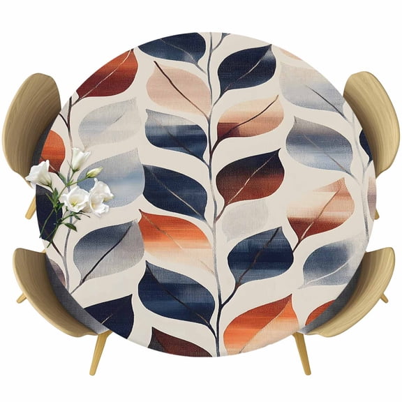 Navy Blue Burnt Orange Botanical Round Tablecloth 55-60 Inch Round Fitted Table Cloth with Elastic Edge, Vintage Leaves Waterproof Table Cover Protector for Outdoor Picnic Party Dining