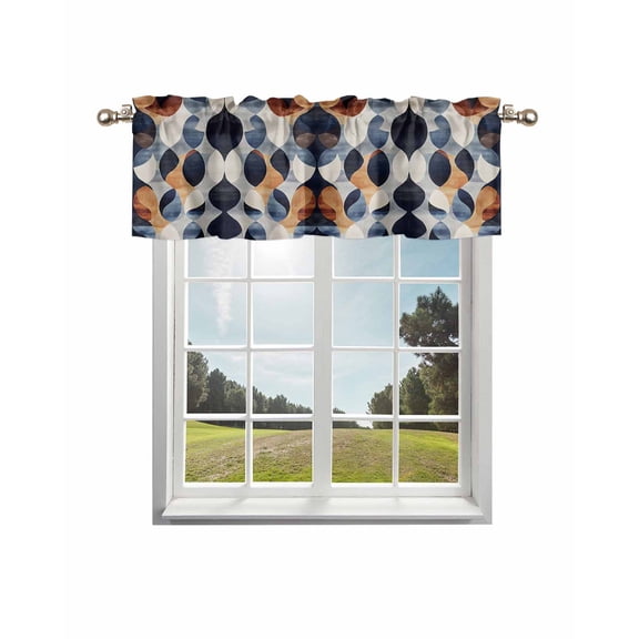Navy Blue Burnt Orange Curtain Valance for Windows/Living Room/Kitchen/Bathroom/Café, Short Rod Pocket Tier Curtain Window Treatment Panel Retro Abstract Geometric Topper Curtain 60''x18''