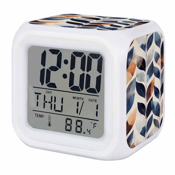 Navy Blue Burnt Orange Digital Alarm Clock for Bedrooms, Smart LED Alarm Clock with 7 Color Changing Night Light, Botanical Palm Leaf Abstract Silent Wake Up Clocks for Sleep Study Cooking 3.2"x3.2"