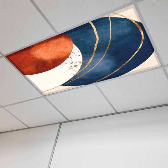 Navy Blue Burnt Orange Fluorescent Light Covers, Modern Boho Art Geometric Magnetic Light Covers for Ceiling Lights, Fluorescent Ceiling Shade Filters for Classroom Bedroom Office 4x2Ft x 1PCS