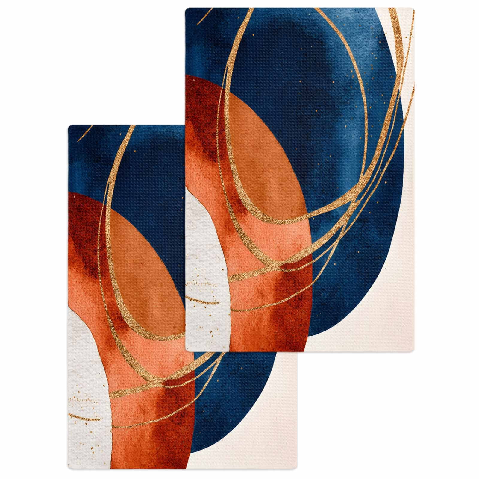 Navy Blue Burnt Orange Hand Towels Set, Waffle Weave Kitchen Towels 2 Pieces, Boho Art Modern Geometric Microfiber Hair Face Bath Tea Towel Absorbent Quick Drying Cleaning Dish Cloths 15.7"x23.6"
