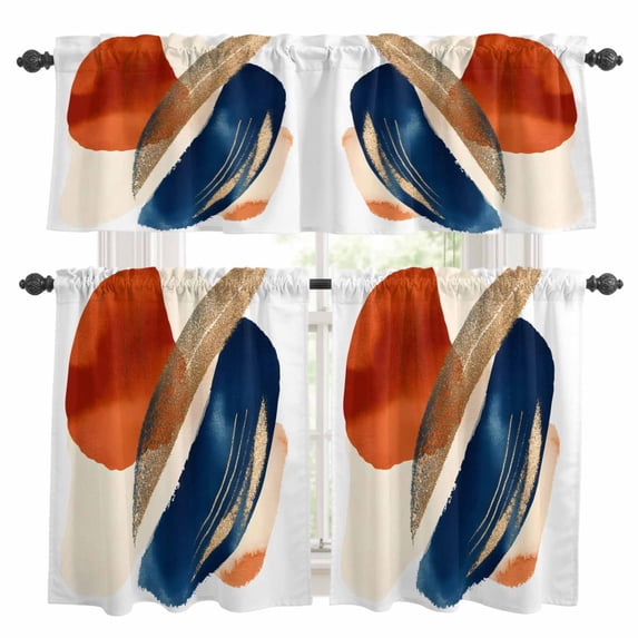Navy Blue Burnt Orange Kitchen Curtains Sets for Windows 24 Inch Length, Retro Geometric Modern Rod Pocket Window Treatments Tier Curtains and Valances Set for Bedroom/Bathroom