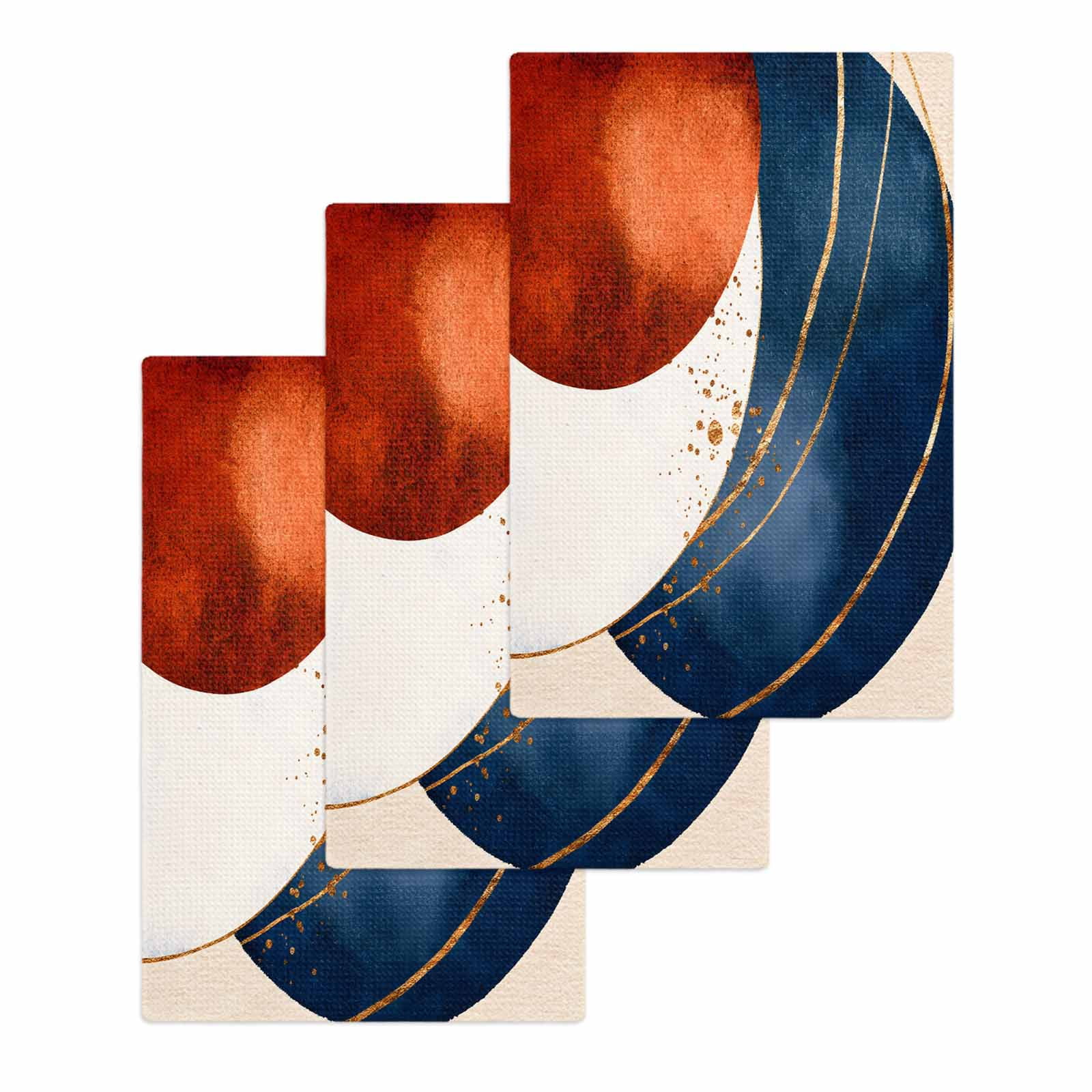 Navy Blue Burnt Orange Kitchen Dish Towels for Drying Dishes Set of 3, Modern Boho Art Geometric Waffle Weave Microfiber Hand Tea Bathroom Towels Quick Dry & Absorbent Towel 15.7x23.6