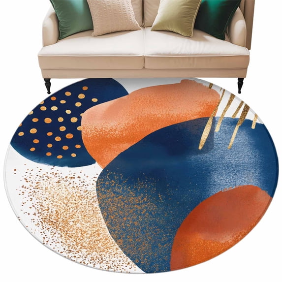 Navy Blue Burnt Orange Large Area Rugs for Bedroom Living Room, Soft Non Slip Carpet Bedside Rug, Abstract Modern Geometric Round Floor Cover Kitchen Accent Rug 7' for Dining Room/Office