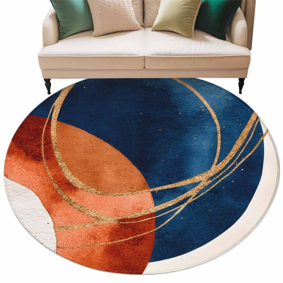 Navy Blue Burnt Orange Large Area Rugs for Bedroom Living Room, Soft Non Slip Carpet Bedside Rug, Boho Art Modern Geometric Round Floor Cover Kitchen Accent Rug 7' for Dining Room/Office