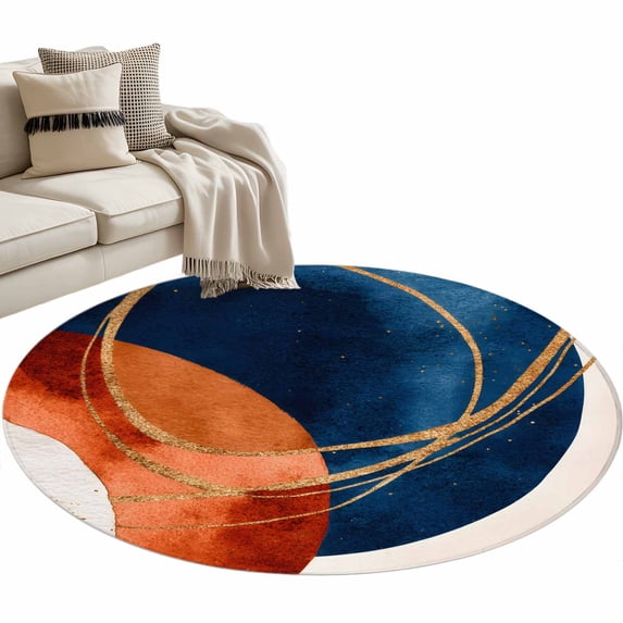 Navy Blue Burnt Orange Large Area Rugs for Bedroom Living Room, Soft Non Slip Carpet Bedside Rug, Boho Art Modern Geometric Round Floor Cover Kitchen Accent Rug 3' for Dining Room/Office