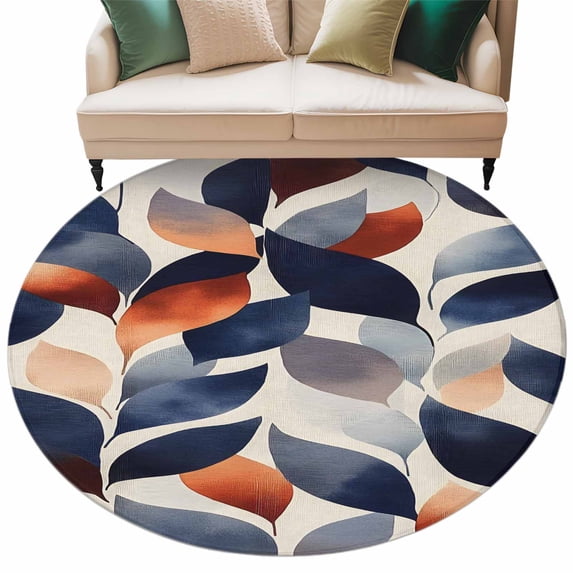 Navy Blue Burnt Orange Large Area Rugs for Bedroom Living Room, Soft Non Slip Carpet Bedside Rug, Botanical Abstract Palm Leaf Round Floor Cover Kitchen Accent Rug 6' for Dining Room/Office