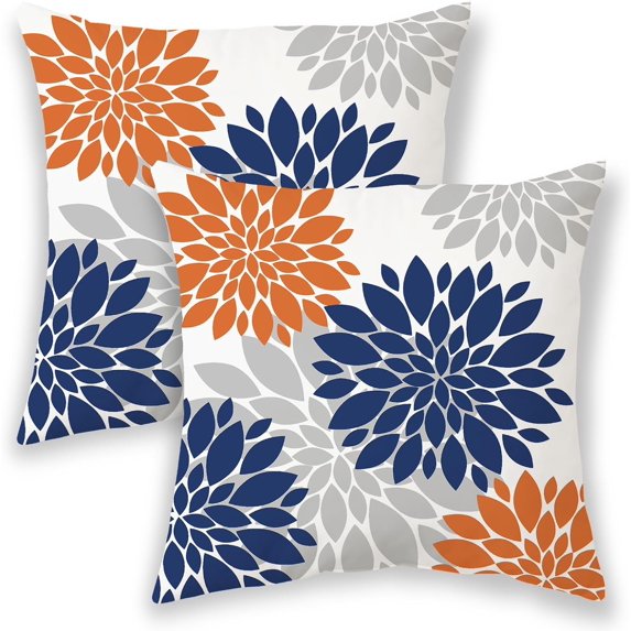 Navy Blue Burnt Orange Pillow Covers 16x16 Inch 2 Pcs, Fall Colored Geometric Dahlia Decorative Throw Pillows,Rust Flower Outdoor Decor Pillowcase Linen Square Cushion Cover Gift for Couch Car
