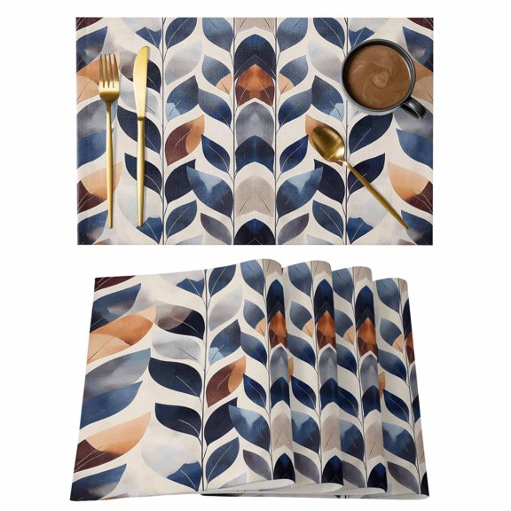 Navy Blue Burnt Orange Placemats Set of 4, Cotton Linen Fabric Place Mats, Botanical Palm Leaf Abstract Washable Decorative Table Mats Protector for Home Kitchen Dining Wedding Party Coffee Tables