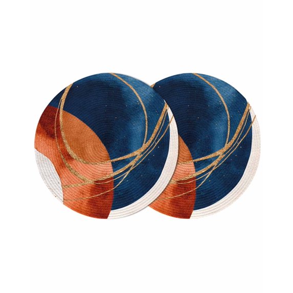 Navy Blue Burnt Orange Round 13 Inch Placemats Set of 2, Boho Art Modern Geometric HeatResistant Non Slip Place Mats for Dining Table, Wipeable Braided Kitchen Table Mats for Housewarming