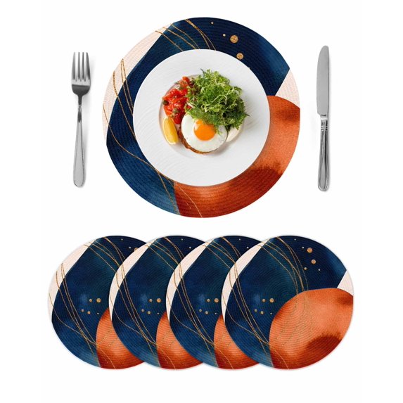 Navy Blue Burnt Orange Round 15 Inch Placemats Set of 4, Boho Artwork Geometric Modern HeatResistant Non Slip Place Mats for Dining Table, Wipeable Braided Kitchen Table Mats for Housewarming