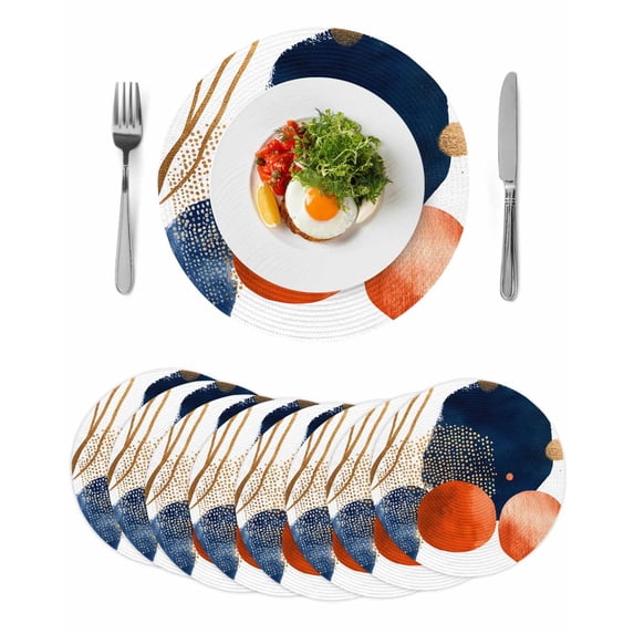 Navy Blue Burnt Orange Round 15 Inch Placemats Set of 8, Middle Century Modern Geometric HeatResistant Non Slip Place Mats for Dining Table, Wipeable Braided Kitchen Table Mats for Housewarming