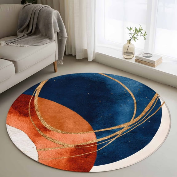 Navy Blue Burnt Orange Round Area Rug 3 FT, Small Kitchen Bathroom Mats, Boho Art Modern Geometric Washable Indoor Outdoor Throw Runner Carpet Non-Shedding Doormat for Table Shower Sofa Entryway