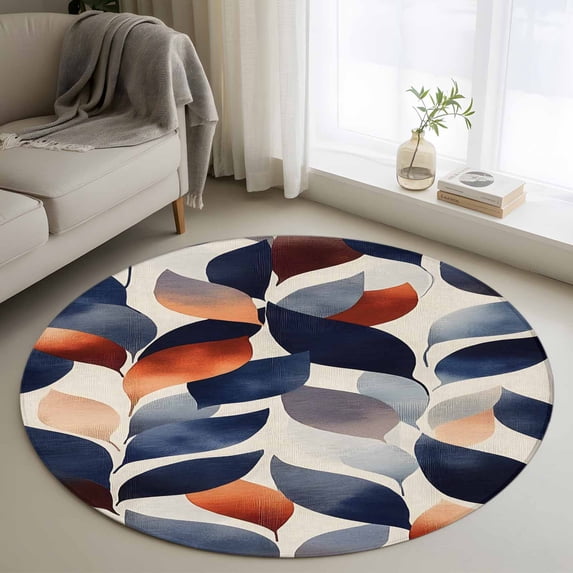 Navy Blue Burnt Orange Round Area Rug 4 FT, Non Slip Indoor Outdoor Rug, Botanical Abstract Palm Leaf Washable Soft Circular Carpet Non-Shedding Floor Mat for Coffee Table Nursery Foyer Balcony
