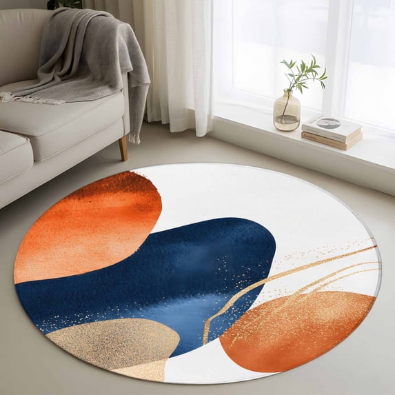 Navy Blue Burnt Orange Round Area Rug 4 FT, Non Slip Indoor Outdoor Rug, Modern Retro Geometric Boho Washable Soft Circular Carpet Non-Shedding Floor Mat for Coffee Table Nursery Foyer Balcony