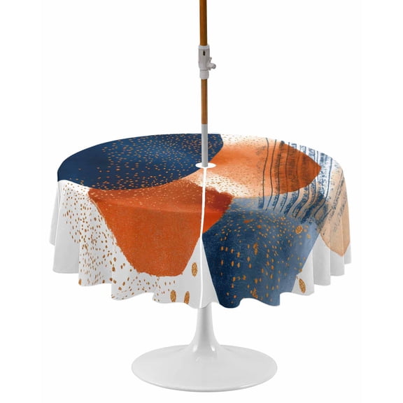 Navy Blue Burnt Orange Round Outdoor Tablecloth, Waterproof Table Cloth Cover with Umbrella Hole and Zipper, Artwork Vintage Geometric Table Protector for Patio Party Picnic 60" Round