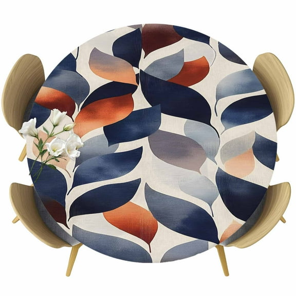 Navy Blue Burnt Orange Round Tablecloth 36-44 Inch Round Fitted Table Cloth with Elastic Edge, Botanical Abstract Palm Leaf Waterproof Table Cover Protector for Outdoor Picnic Party Dining