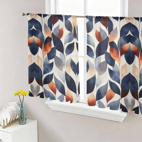 Navy Blue Burnt Orange Semi Sheer Curtains 45 Inch Length 2 Panels Set, Botanical Abstract Palm Leaf Sheer Kitchen Curtain Privacy Voile Window Curtain for Living Room Bedroom Rod Pocket Drapes