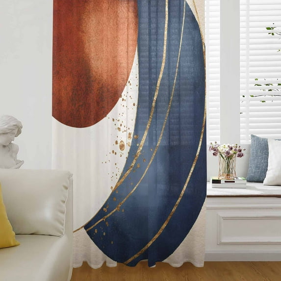 Navy Blue Burnt Orange Semi Sheer Curtains Drapes for Living Room, Bedroom, French Doors Window 108 Inches Long, Modern Boho Art Geometric Rod Pocket Chiffon Curtain Drapery Voile Draperies Panel
