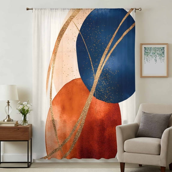 Navy Blue Burnt Orange Sheer Curtains 45 Inches Long, Geometric Modern Boho Art Light Filering Curtains, Breathable Simi Curtain Privacy Drapes for Kitchen Bathroom Lightweight Small Window Treatment