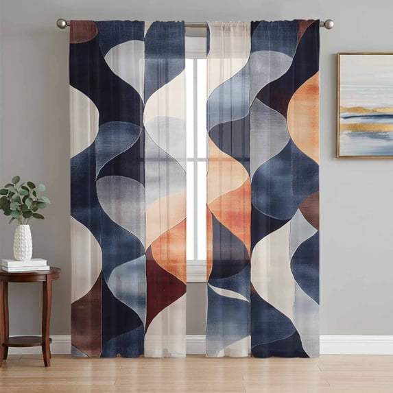 Navy Blue Burnt Orange Sheer Curtains 63 Inch Length 2 Panels Set, Geometric Retro Abstract Voile Window Treatment Rod Pocket Curtains Sheers Drapes for Bedroom/Living Room/Kitchen 52x"63"x2