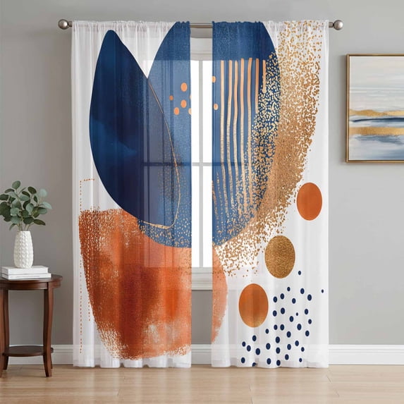 Navy Blue Burnt Orange Sheer Curtains 84 Inch Length 2 Panels Set, Geometric Artwork Contemporary Voile Window Treatment Rod Pocket Curtains Sheers Drapes for Bedroom/Living Room/Kitchen 52"x84"x2