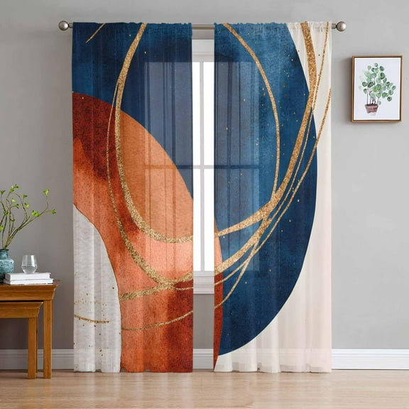 Navy Blue Burnt Orange Sheer Curtains 84 Inches Long 2 Panels Set, Window Sheer Curtains for Living Room/Bedroom, Boho Art Modern Geometric Light Filtering Rod Pocket Curtain 52'' x 84'' x 2