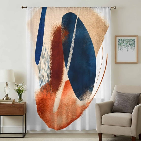 Navy Blue Burnt Orange Sheer Curtains 84 Inches Long, Abstract Contemporary Geometric Light Filering Curtains, Breathable Simi Curtain Privacy Drapes for Living Room Bedroom Window Treatment