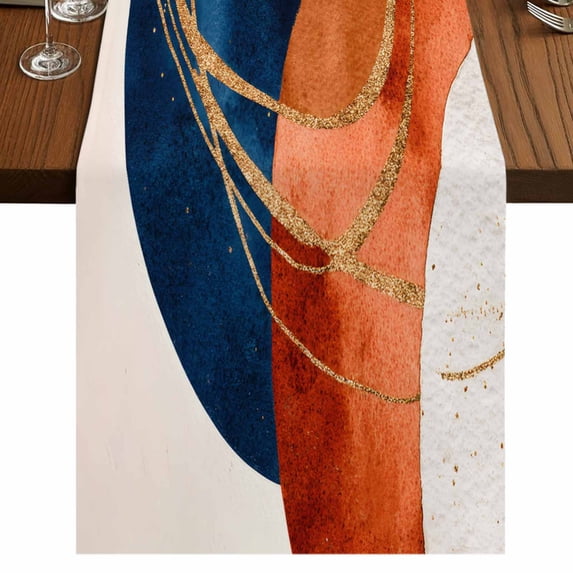 Navy Blue Burnt Orange Short Table Runner 36 Inches Long,Boho Art Modern Geometric Cotton Linen Table Runners Dresser Scarves,Fabric Tabletop Scarf Furniture Cover for Home Dinner Party Decor 13"x36"