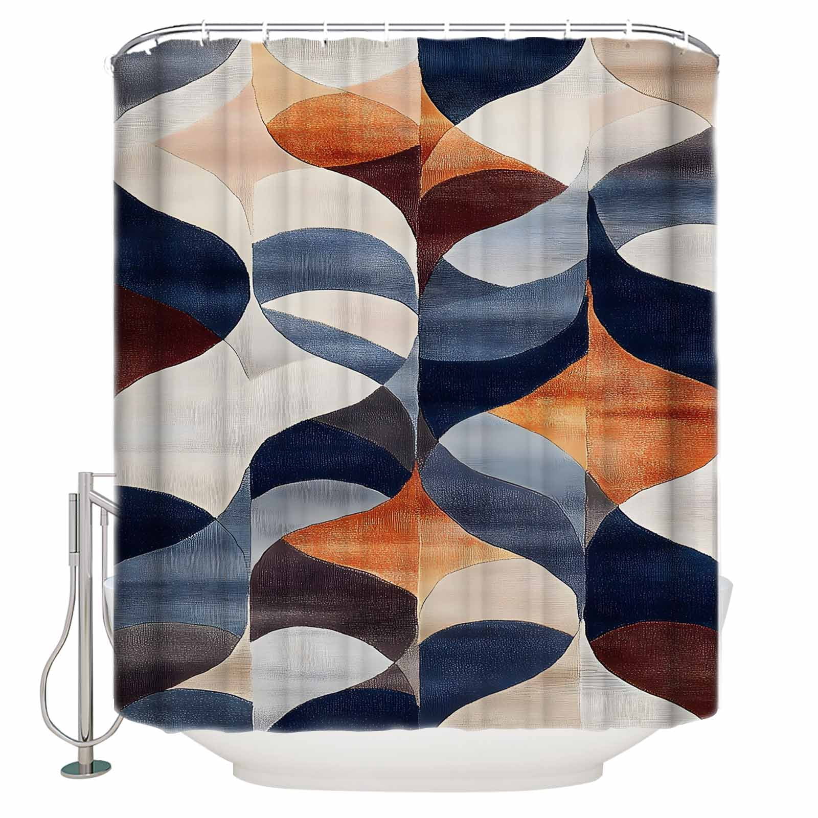 Navy Blue Burnt Orange Shower Curtains for Bathroom Waterproof Fabric Bath Curtains Decor Bath Tub Curtain Retro Geometric Abstract Decorative Shower Curtain Sets with 12 Hooks, 72x72 Inch