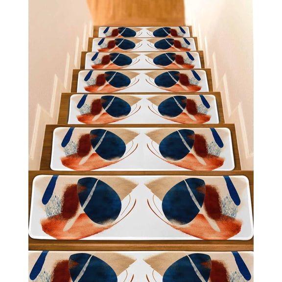 Navy Blue Burnt Orange Stair Treads for Wooden Steps Indoor Runner Rug Carpet, Abstract Contemporary Geometric 4 Pieces Peel and Stick Staircase Step Treads Covers Washable Throw Door Mats, 30"x8"
