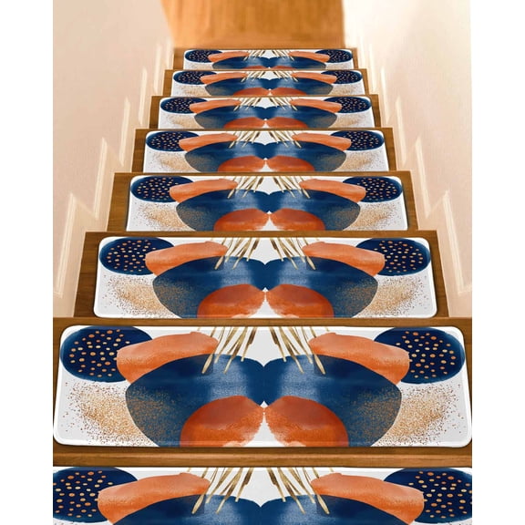 Navy Blue Burnt Orange Stair Treads for Wooden Steps Indoor Runner Rug Carpet, Abstract Modern Geometric 4 Pieces Peel and Stick Staircase Step Treads Covers Washable Throw Door Mats, 30"x8"