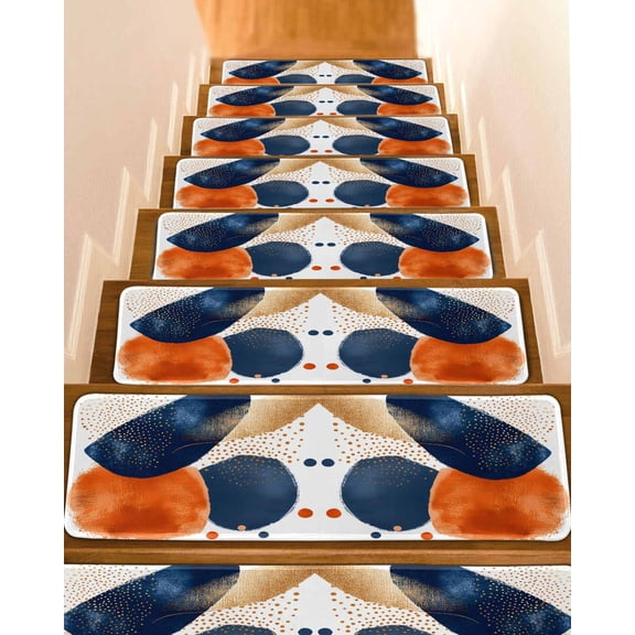 Navy Blue Burnt Orange Stair Treads for Wooden Steps Indoor Runner Rug Carpet, Artwork Geometric Contemporary 4 Pieces Peel and Stick Staircase Step Treads Covers Washable Throw Door Mats, 30"x8"