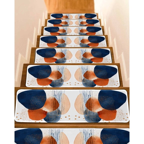 Navy Blue Burnt Orange Stair Treads for Wooden Steps Indoor Runner Rug Carpet, Artwork Vintage Geometric 4 Pieces Peel and Stick Staircase Step Treads Covers Washable Throw Door Mats, 30"x8"