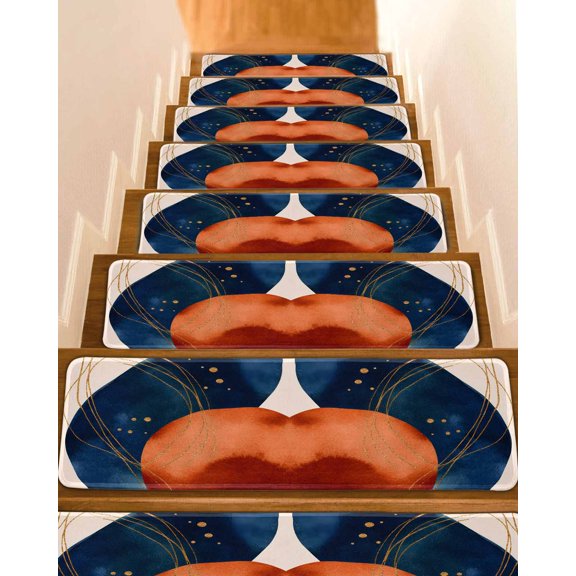 Navy Blue Burnt Orange Stair Treads for Wooden Steps Indoor Runner Rug Carpet, Boho Artwork Geometric Modern 4 Pieces Peel and Stick Staircase Step Treads Covers Washable Throw Door Mats, 30"x8"